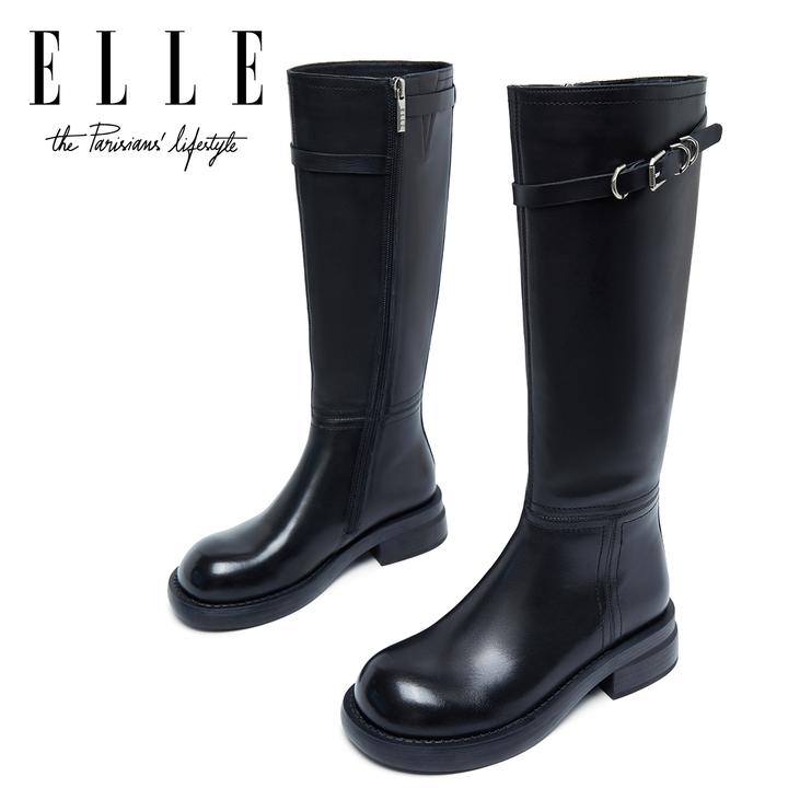 ELLE辣妹风显瘦不过膝长筒瘦瘦靴女2025新款时尚皮带扣高筒骑士靴