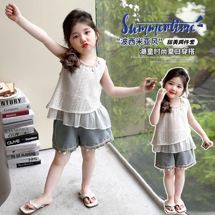 新款夏季甜美两件套女童时尚西米亚风背心短裤套装潮童夏装