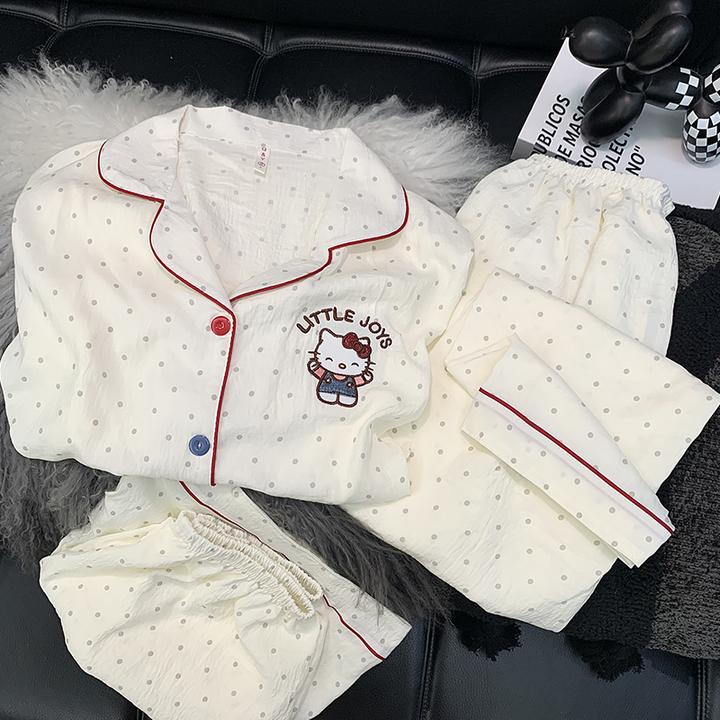 【三件套牛仔猫咪】夏季新款云朵绵短袖短裤长裤春夏睡衣套装家居服