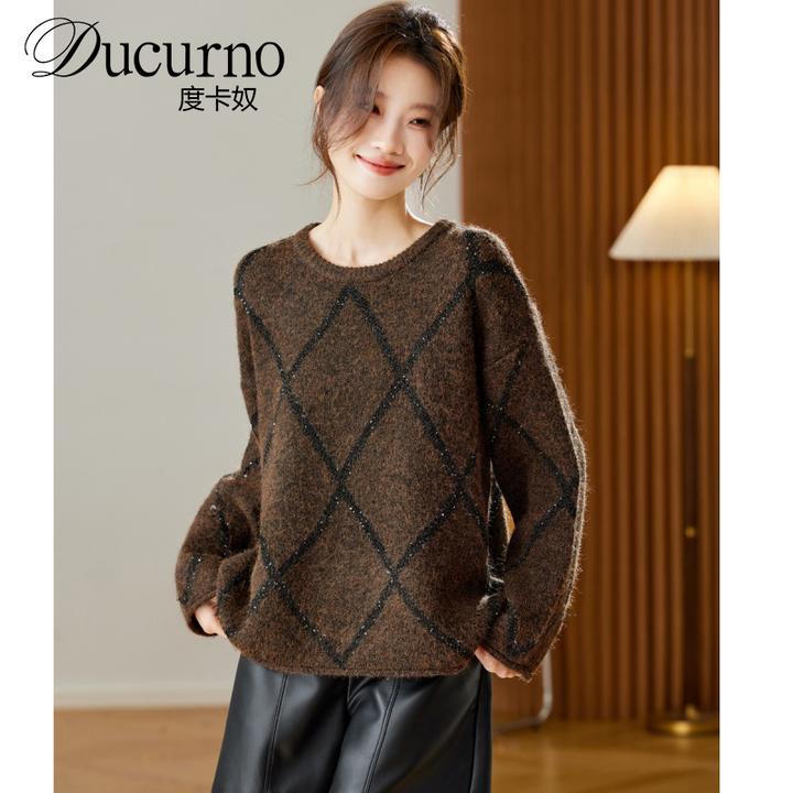 复古菱格圆领毛衣女秋冬季2025新款慵懒风宽松显瘦针织打底衫上衣