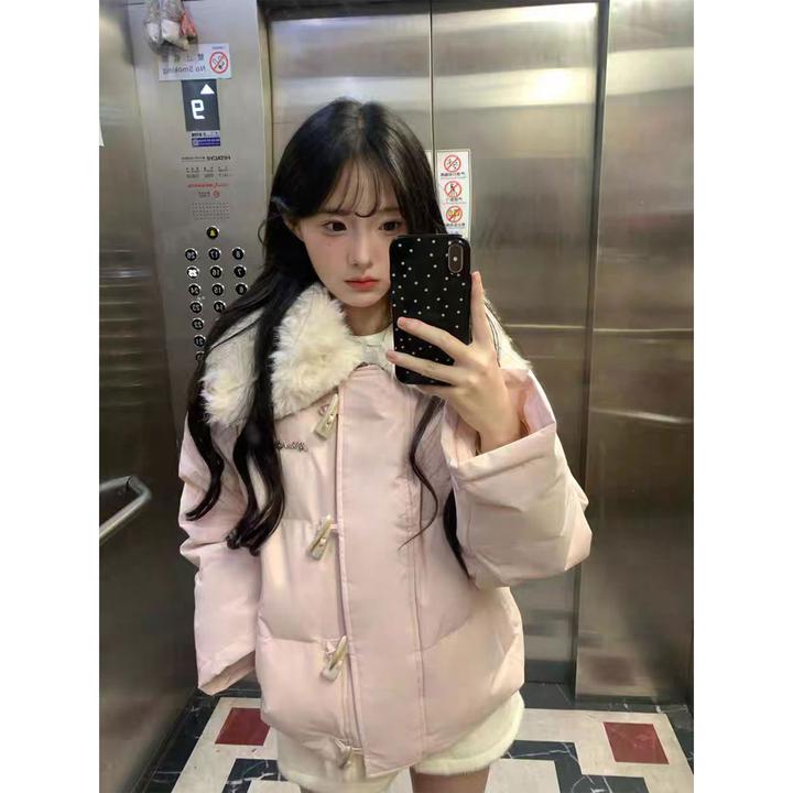 H2AN1 STUDIO粉色海军领羊羔毛羽绒服白鸭绒冬季牛角扣高级外套女