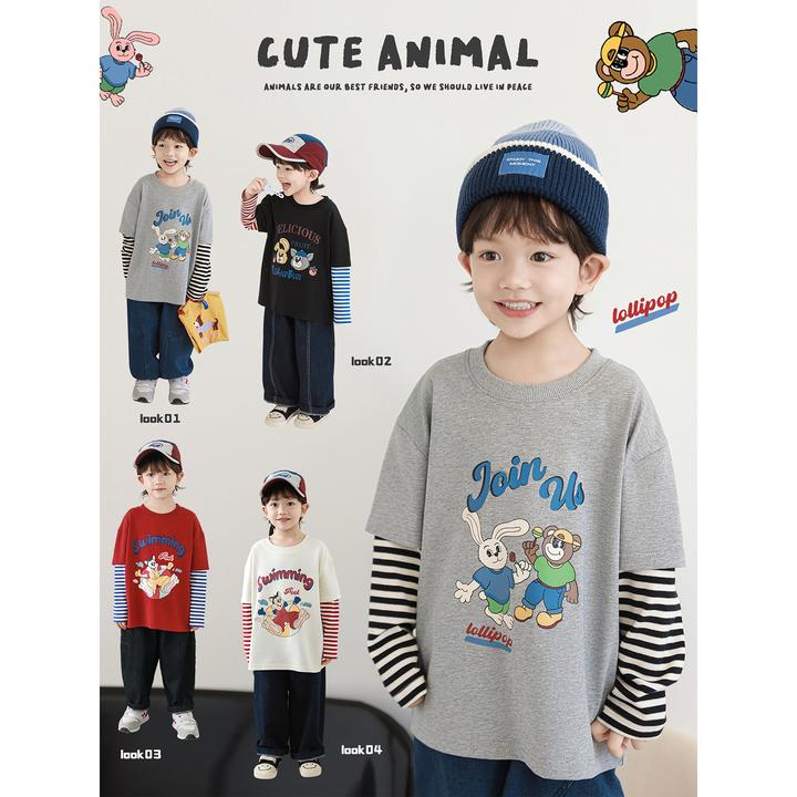 幼悠男童春装全棉卡通假两件长袖T恤潮酷痞帅童装儿童服装GN6139