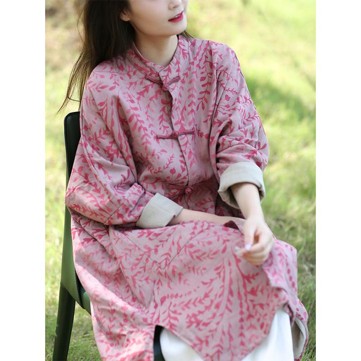 中国风禅意印花盘扣立领中长款衬衫外套女秋季外穿大码复古风上衣