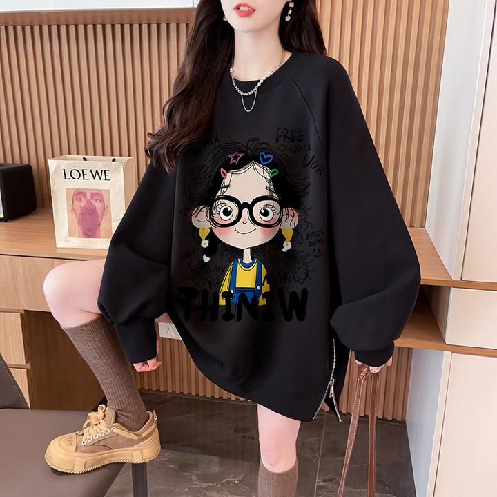 前短后长卫衣女秋冬2025爆款宽松慵懒风百搭洋气圆领卡通印花上衣