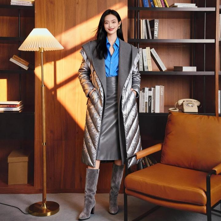 精工B入丨灰色厚外套羊毛双面呢大帽子翻领90棉服菱格409