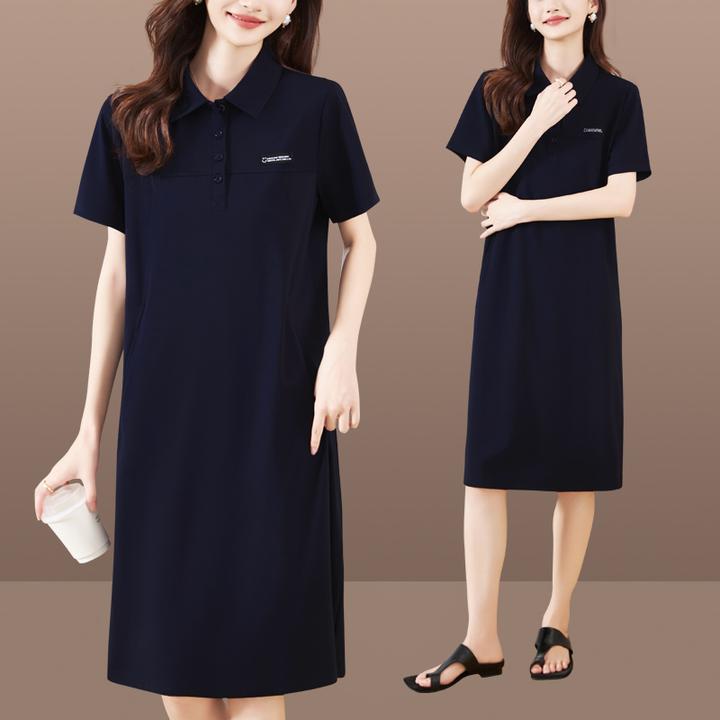 年轻妈妈连衣裙夏季休闲百搭Polo领直筒裙时尚夏季运动减龄裙子女