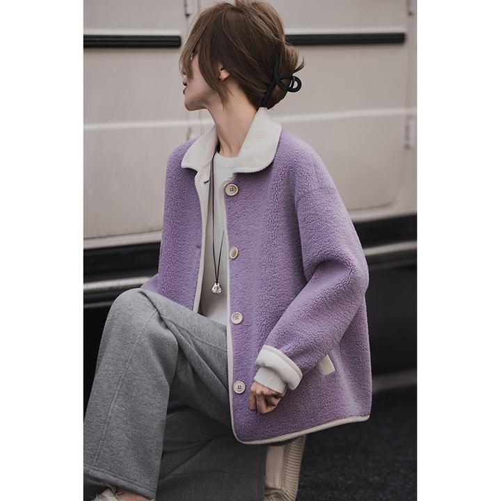 小谷粒羊羔绒短外套女2025冬季新款紫色翻领好看仿皮毛一体厚上衣