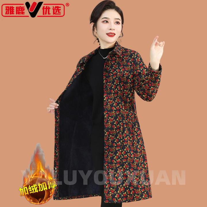 雅鹿优选中老年女中长款加绒加厚衬衫外套大码奶奶装秋冬碎花薄款