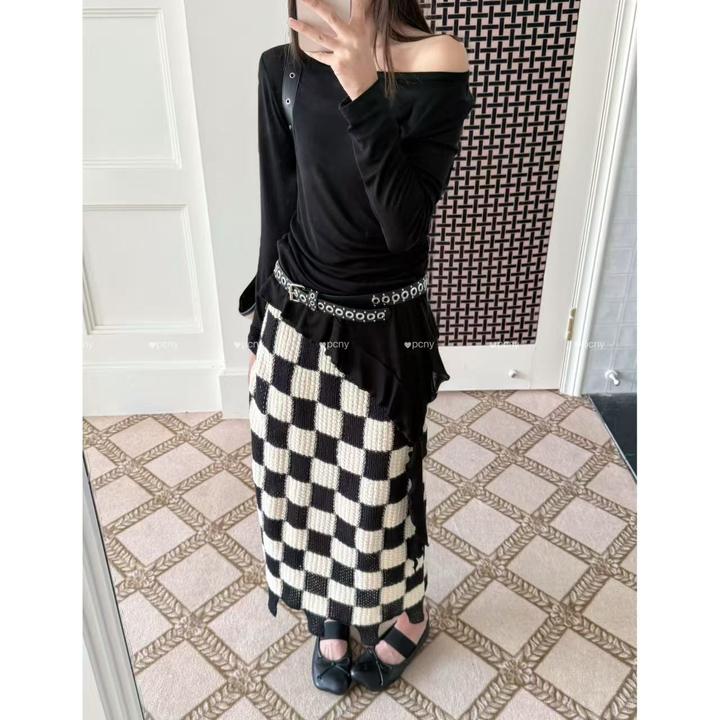 PCNY「毛织棋裙」不理理冬季新款小众女装时尚休闲复古棋盘格半身裙