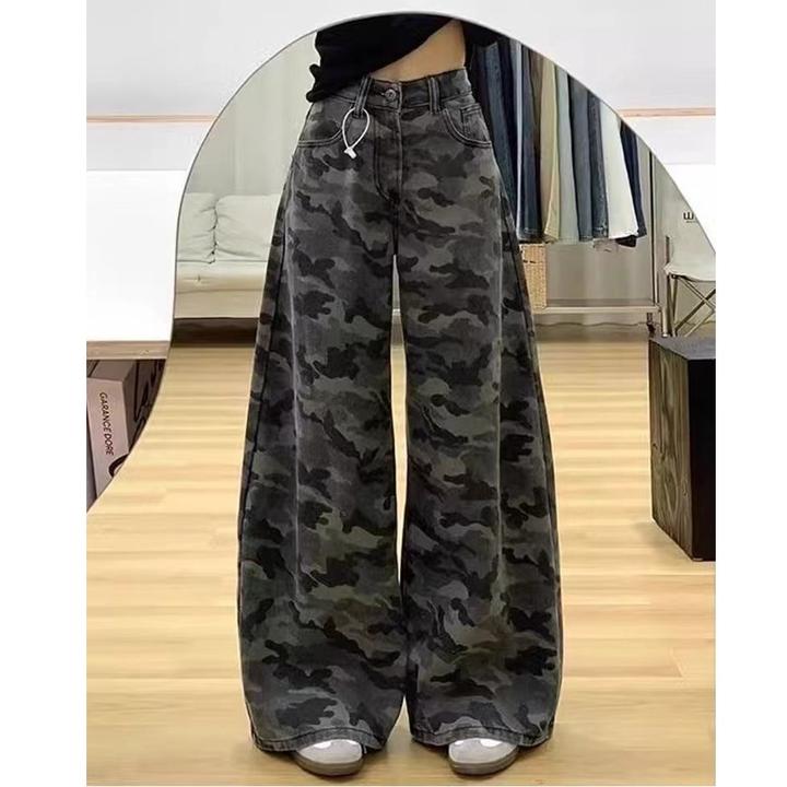 迷彩裤胖mm阔腿牛仔裤女2025春夏新款街头时尚宽松拖地裤子潮