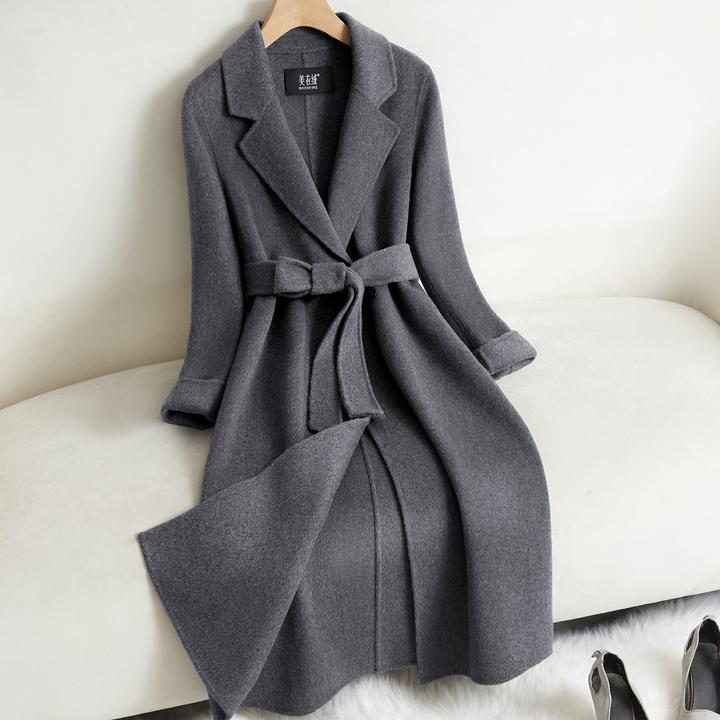 灰色双面羊绒大衣女长款系带显瘦西装领羊毛呢外套2025秋冬新款