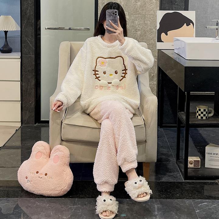 睡衣女秋冬季仿半边绒大码加厚珊瑚绒2025新款猫咪套装冬天家居服