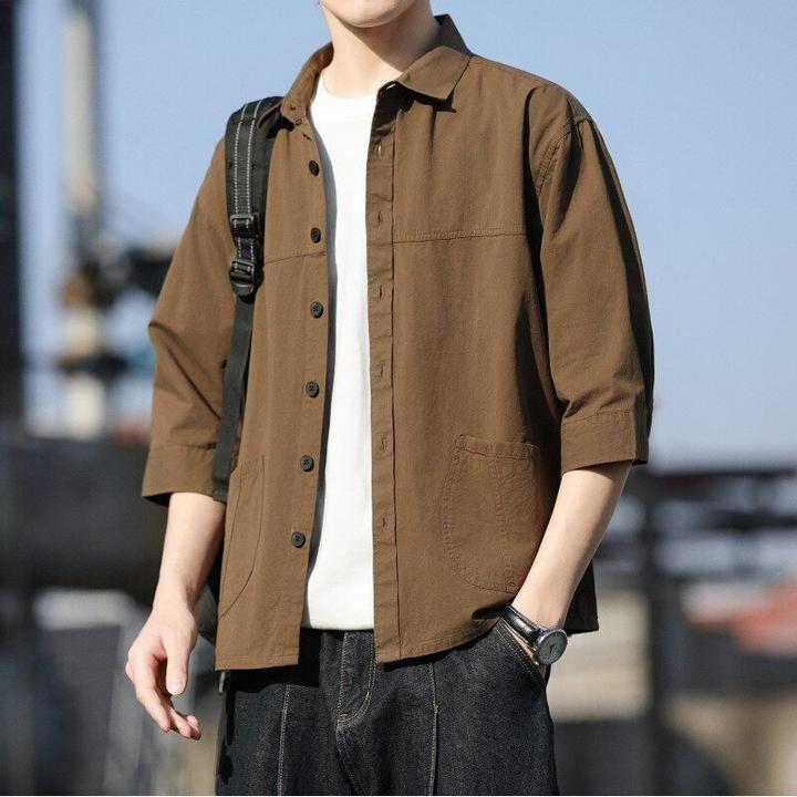 麦克斯夏季新款时尚纯色单排扣帅气休闲百搭七分袖衬衫2528