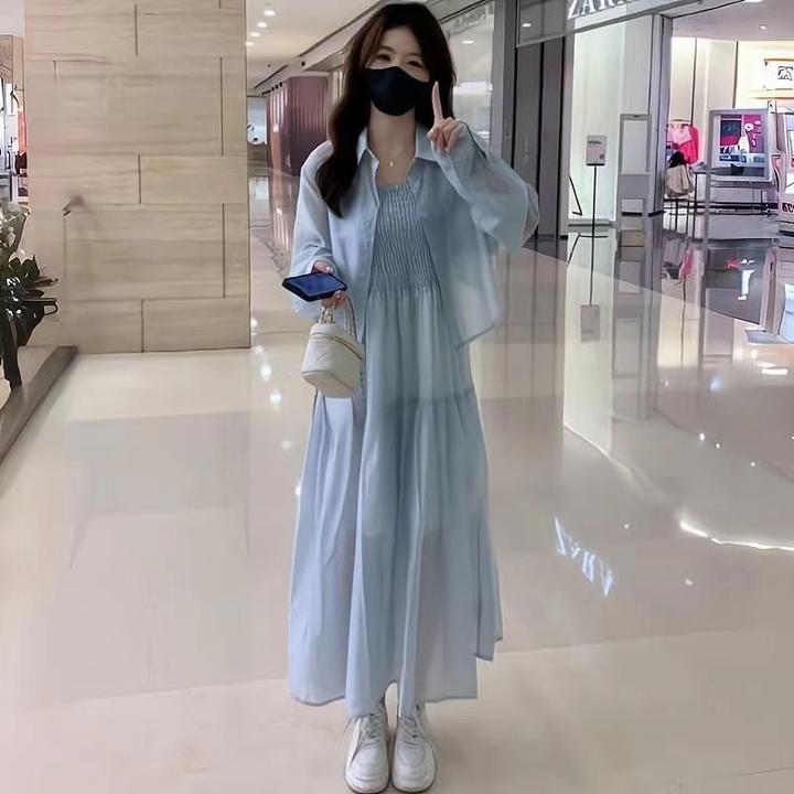 新款夏日舒适风长袖衬衣搭配吊裙两件套懒人百搭浅蓝白色可选
