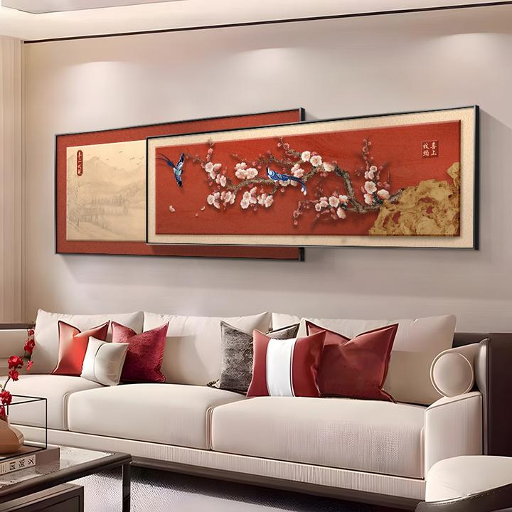 新中式客厅装饰画喜上枝头大气沙发背景墙挂画新年寓意好高档壁画