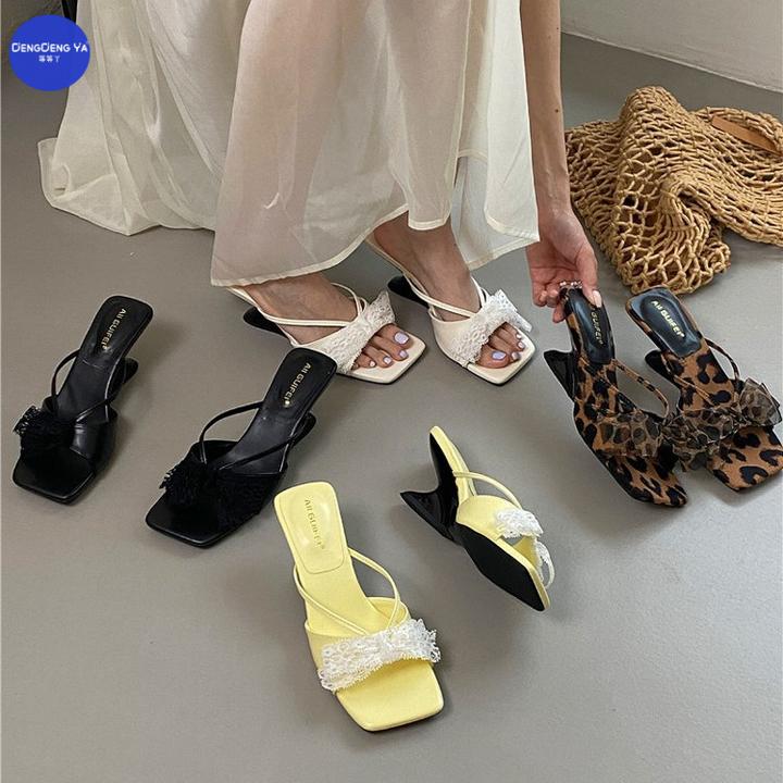 新款性感方头凉拖鞋女夏季外穿豹纹高跟鞋休闲坡跟蝴蝶结一字拖鞋
