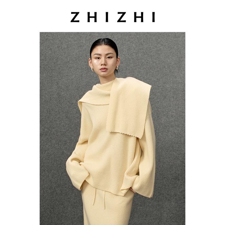 致知 绣停针 全羊毛围脖款坑条套头毛衫25年冬季新款ZZ2EWKZL123