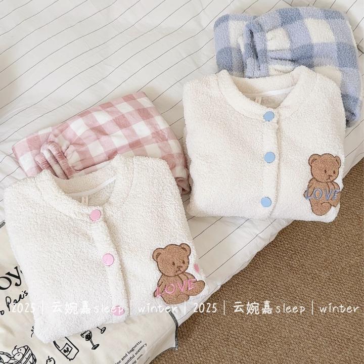 『冬日小熊』秋冬睡衣女半边绒加厚加绒保暖冬季牛奶绒家居服套装