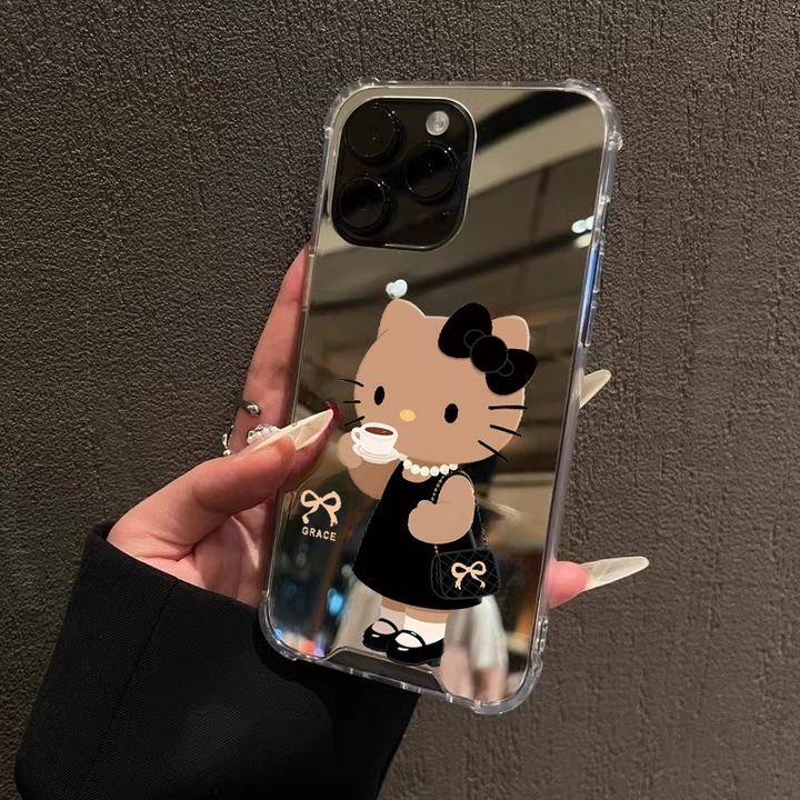 优雅黑皮Kitty猫手机壳适用iPhone17pro max镜面kt猫苹果14131612