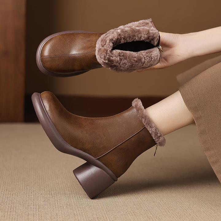 羊羔毛时装靴女真皮东北保暖大棉鞋圆头厚底2025冬季加厚绒短靴