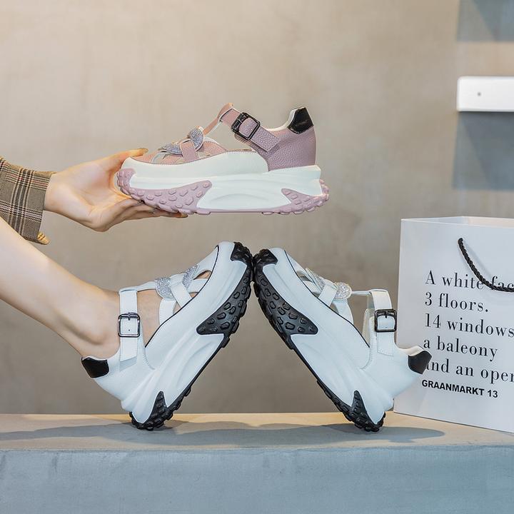 2025夏季新款透气网鞋女水钻真皮韩版内增高老爹鞋厚底镂空休闲鞋