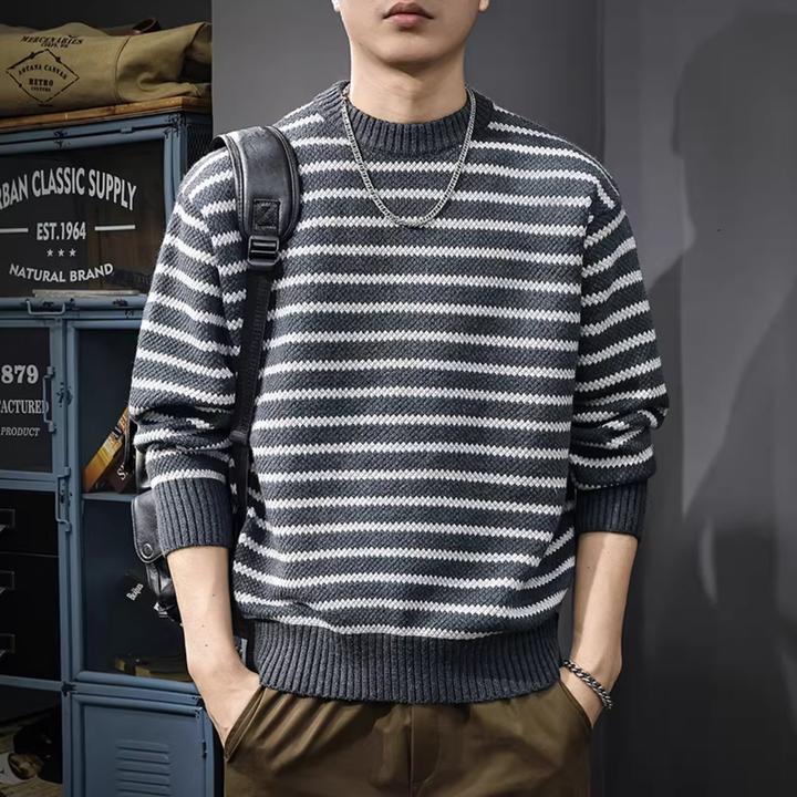 U&PURA2025冬季新款条纹撞色毛衣男秋冬重磅圆领长袖上衣加厚打底
