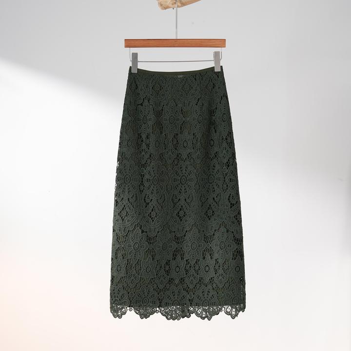 西子/【苔青绣】高定重工提花蕾丝法式高腰墨绿色半身裙/BQXS124