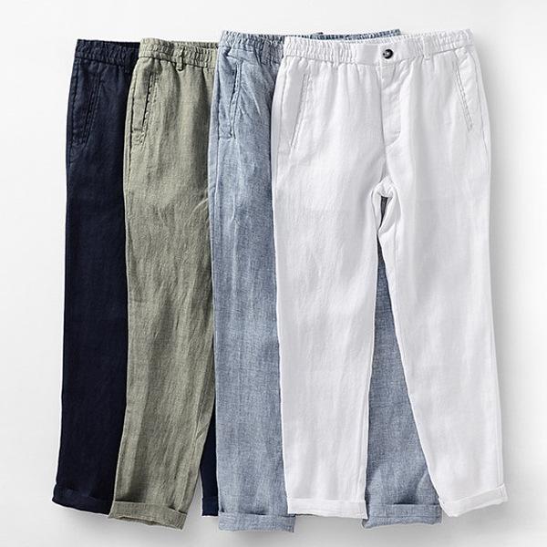 中国风亚麻裤子男士长裤春秋麻料宽松直筒纯色松紧腰透气休闲裤