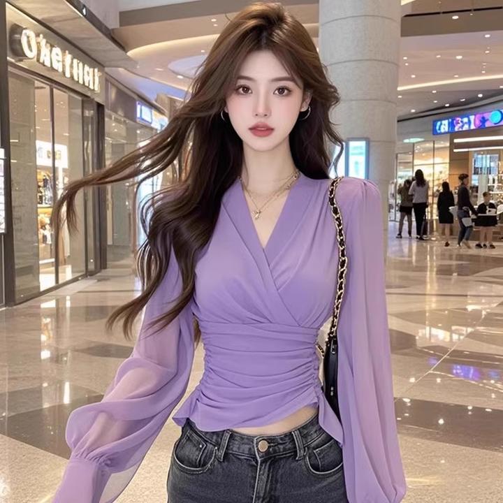 紫色V领短款衬衫女春季2025年新款收腰短款长袖雪纺漂亮小衫上衣