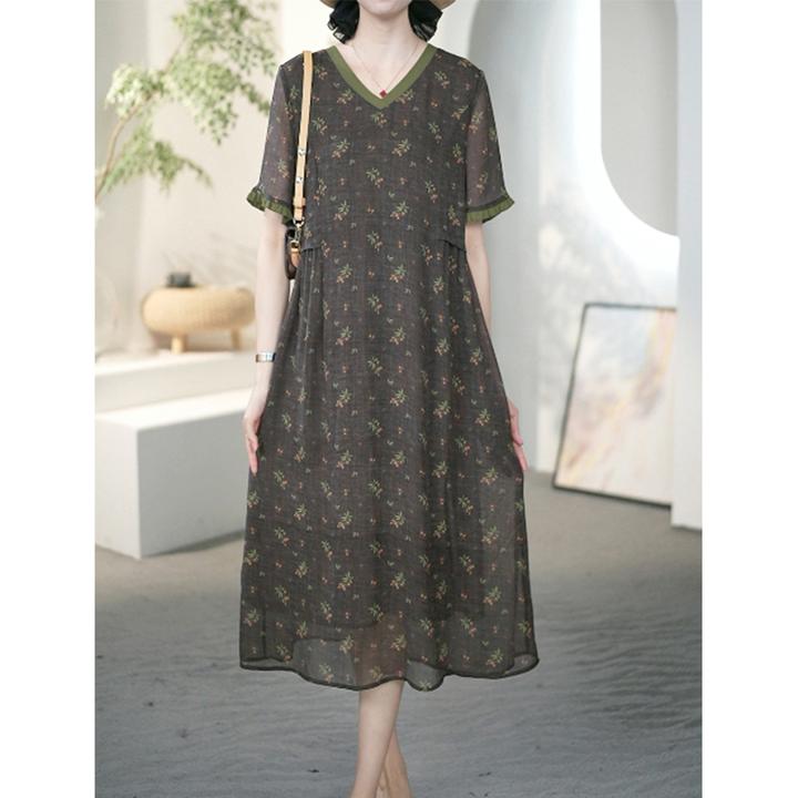 法式v领绿色碎花连衣裙女夏季大码女装时尚妈妈装减龄裙子-A31962