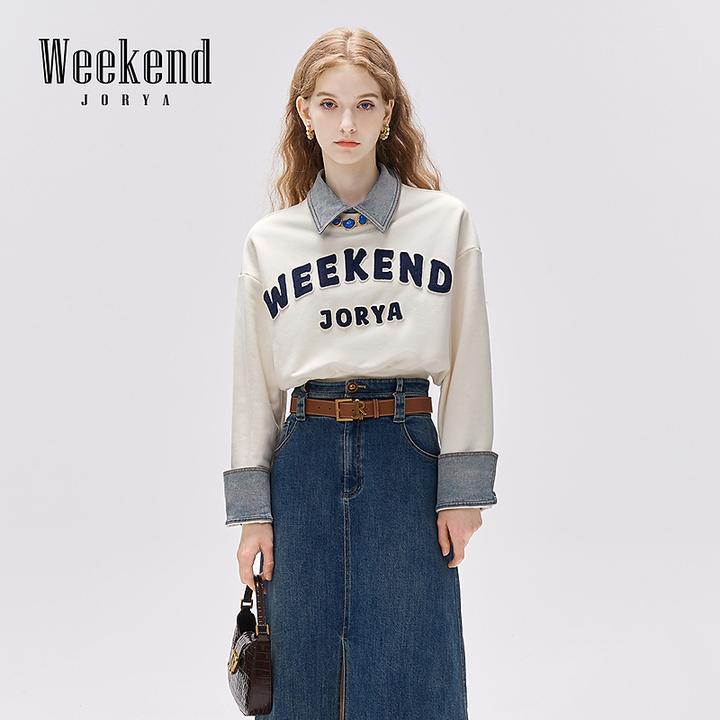 卓雅周末新款设计感早秋休闲字母牛仔拼接假两件卫衣女EJWDCQ82