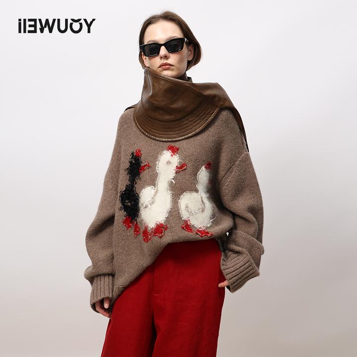 有尾YOUWEI冬季圆领慵懒风复古鹅提花针织套头Y2123403打底女士