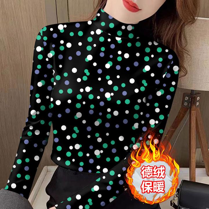 秋冬波点气质德绒打底衫女装半高领保暖长袖修身上衣印花显瘦遮肚