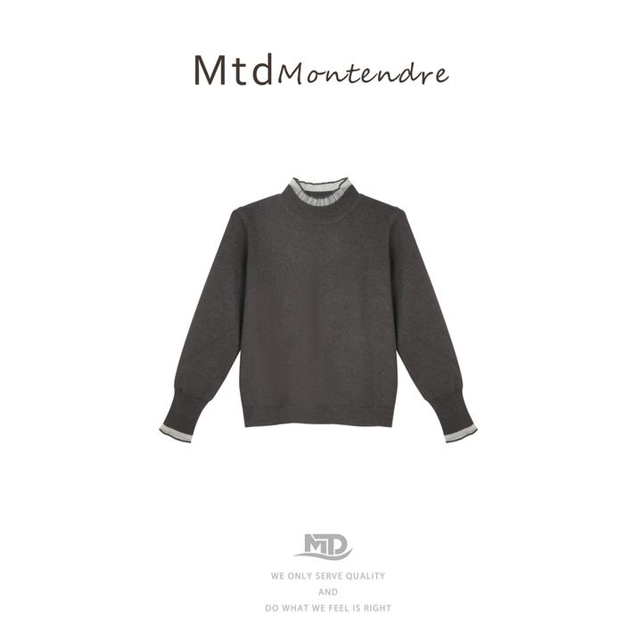 【Montendre】秋冬新款 R 气质半高领花边打底上衣拼接领毛针织衫