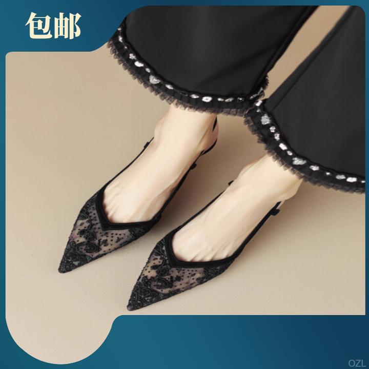 2025年优雅网纱花卉包头中空凉鞋夏女新款黑色尖头后空细跟高跟鞋