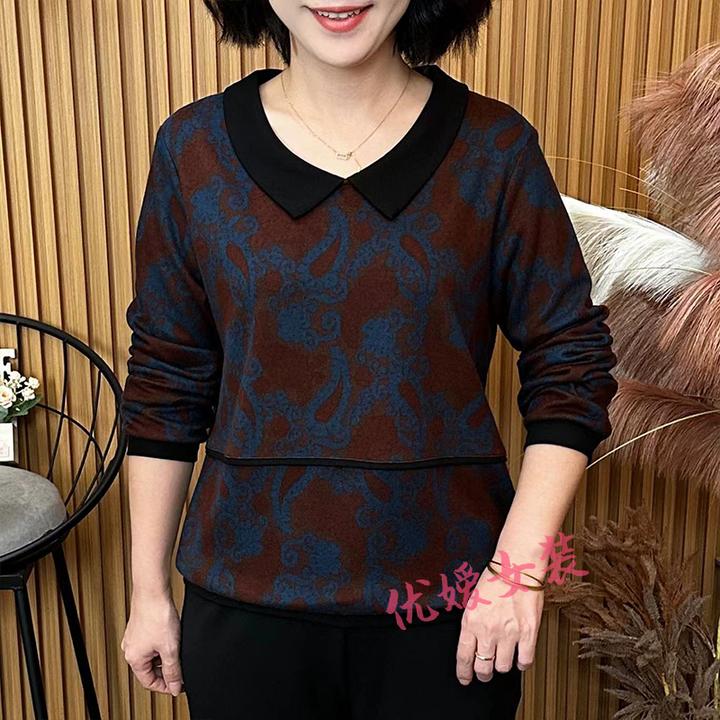中老年女装秋季拼接娃娃领印花休闲宽松百搭洋气妈妈装长袖上衣