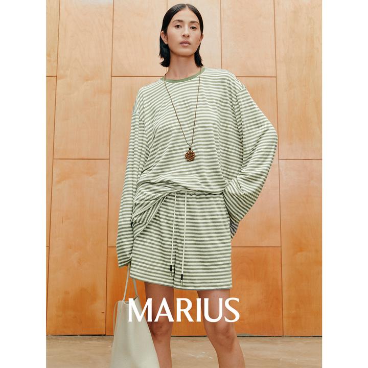 MARIUS“麻条套"法国亚麻混纺极简主义慵懒落肩条纹长袖t/短裤