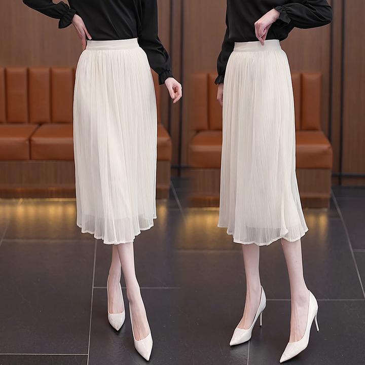 黑色纱裙半身裙女夏季薄款2025新款高腰显瘦a字中长款雪纺百褶裙