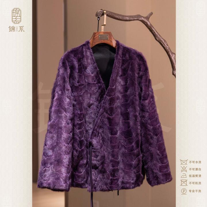 【锦系】皮毛一体水貂中式国风V领斜襟加棉长袖外套E-383272