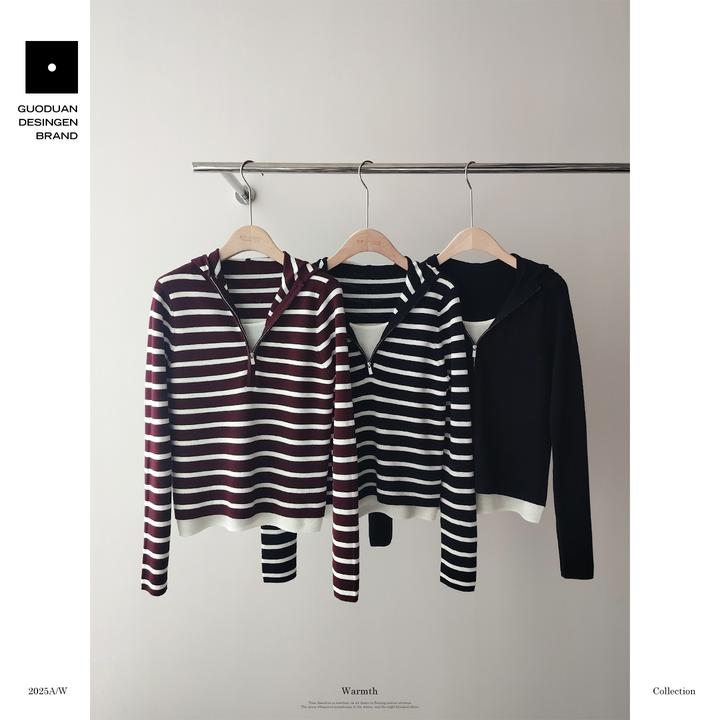 果缎 羊毛衫秋冬新款宽松舒适针织假两件连帽拉链毛衣 MJH9-W5058