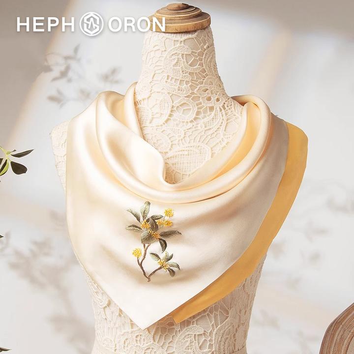 HEPHSORON苏绣丝巾礼盒送妈妈桂花刺绣旗袍披肩桑蚕丝方巾礼盒装