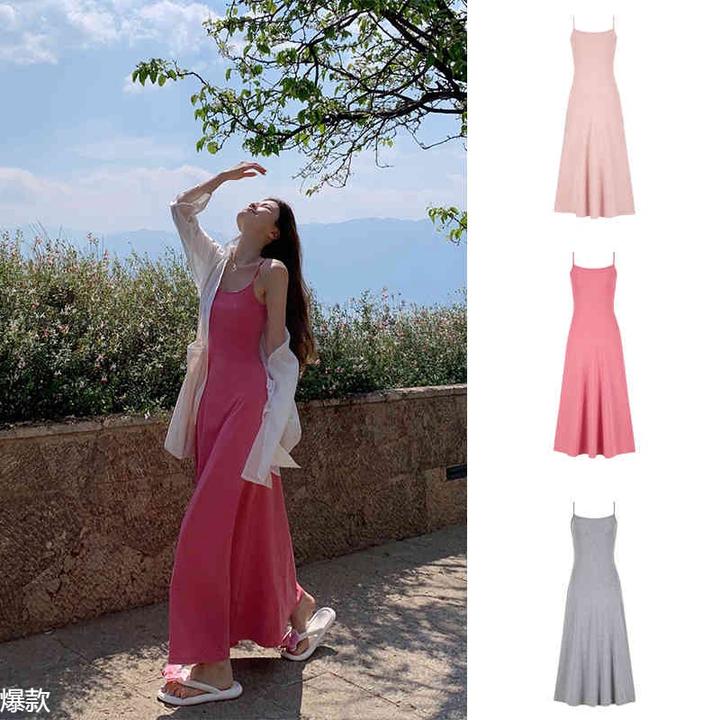 魔西女王树莓红色吊带连衣裙女夏季修身显瘦字长裙子