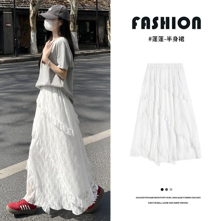 白色百搭蕾丝半身裙女夏季2025新款高腰垂感a字蓬蓬蛋糕长裙
