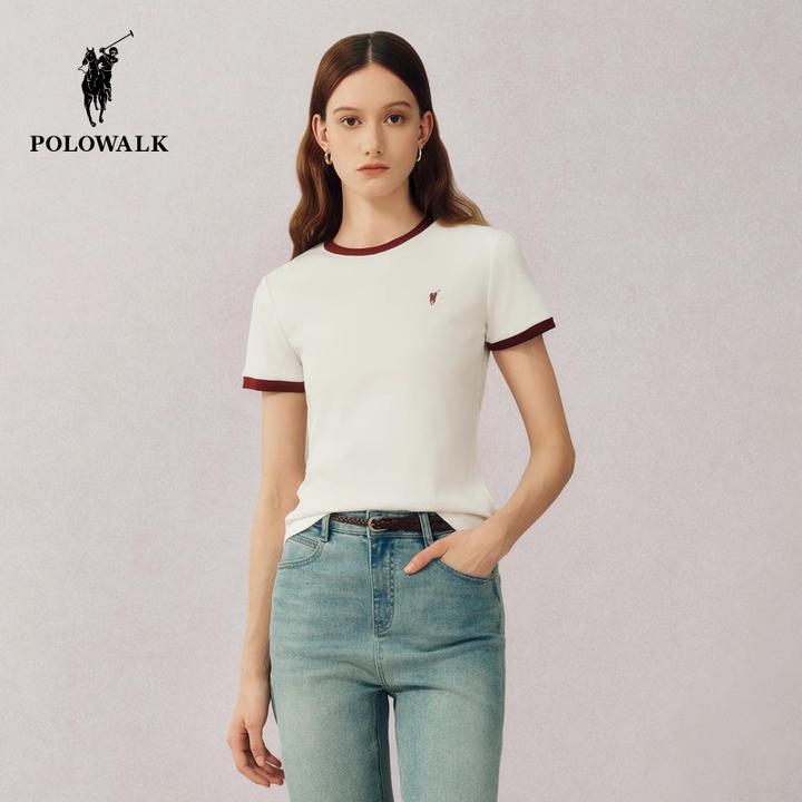 POLOWALK圆领修身短袖T恤女2025夏季新款时尚撞色打底衫休闲上衣