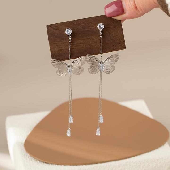 铜合金合成锆石耳饰 无耳洞日韩长银色蝴蝶流苏耳钉女冷淡风个性
