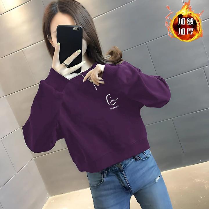 加绒加厚洋气2025春秋冬新款圆领华棉短款上衣女士小个子简约卫衣
