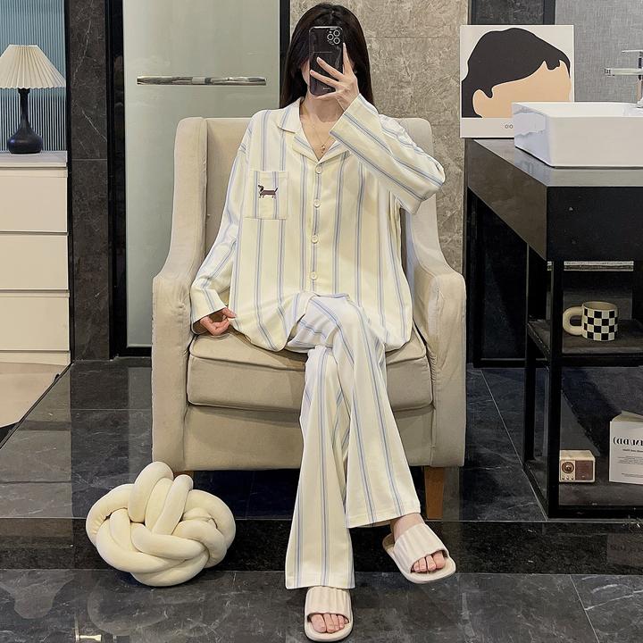 纯棉睡衣女春秋季长袖大码2025新款保暖家居服紫条小狗可外穿套装