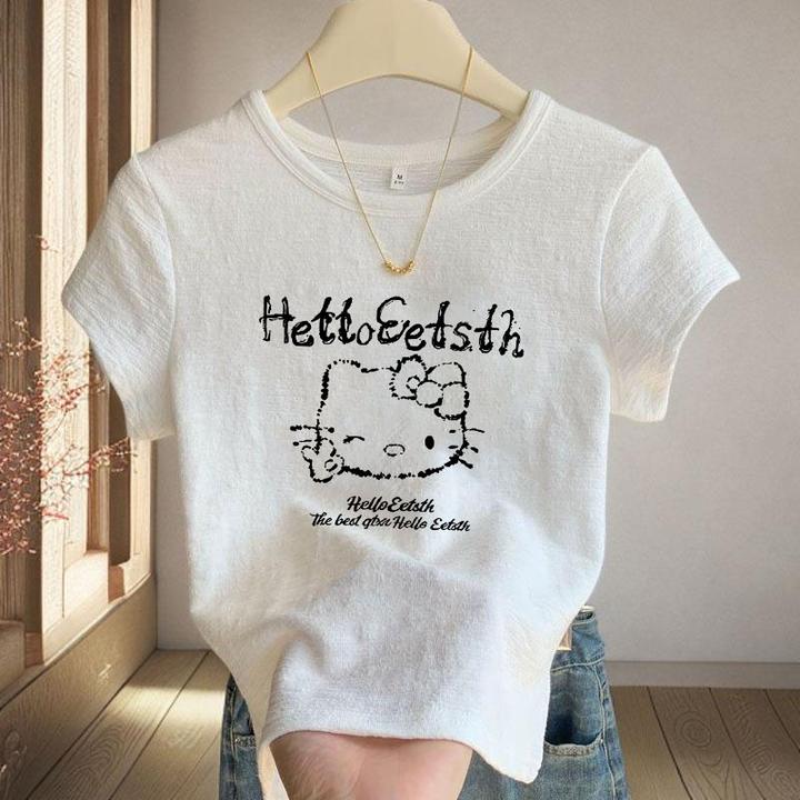 竹节棉薄款女士白色T恤2025夏季圆领新款小个子印花别致短款上衣