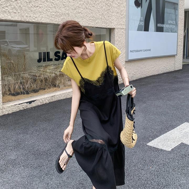 假两件蕾丝拼接连衣裙女2025夏季新款法式复古氛围感轻熟风裙子潮