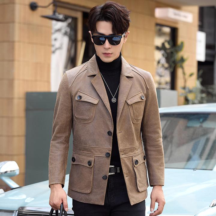 2025新款海宁真皮皮衣男中长款猎装修身男士绵羊皮皮夹克外套男装